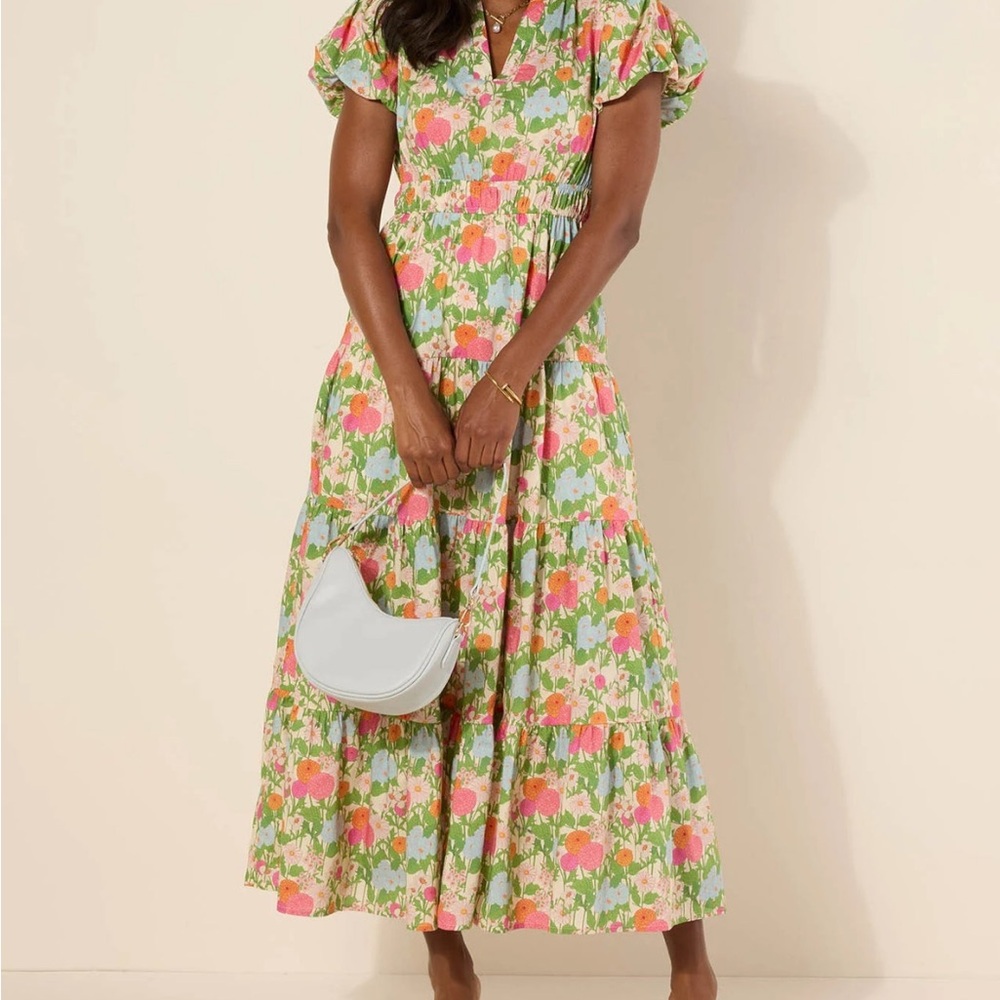 Entro Pink and Green Tiered Midi Sundress